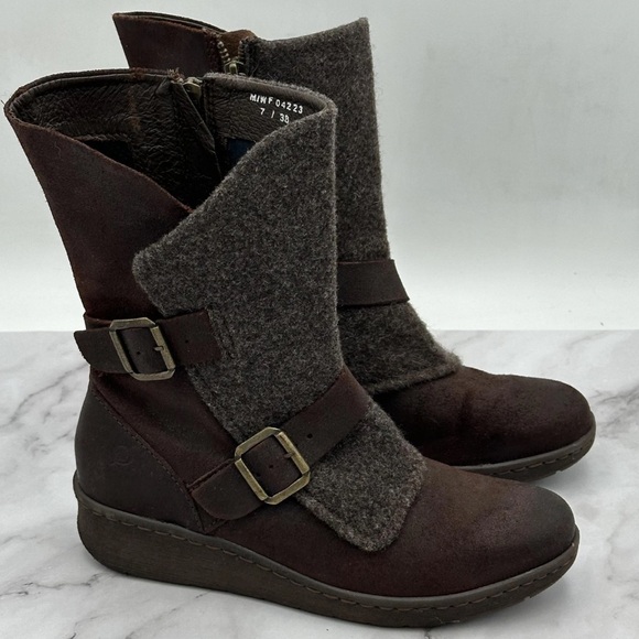 Born Boots Womens Size 7 Brown Leather Wedge Biker Mid Calf Buckle Zip F59106 - Picture 4 of 14